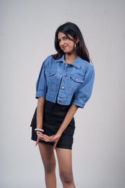 Puff Half-Sleeve Cropped Denim Jacket