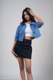 Puff Half-Sleeve Cropped Denim Jacket