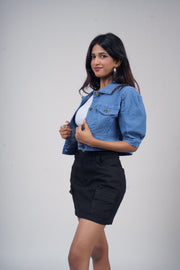 Puff Half-Sleeve Cropped Denim Jacket