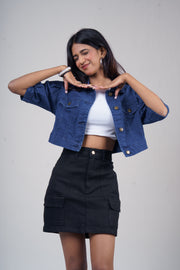 Puff Half-Sleeve Cropped Denim Jacket – Dark Blue