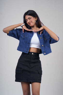 Puff Half-Sleeve Cropped Denim Jacket – Dark Blue
