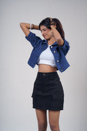 Puff Half-Sleeve Cropped Denim Jacket – Dark Blue