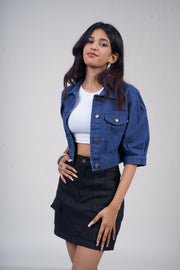 Puff Half-Sleeve Cropped Denim Jacket – Dark Blue