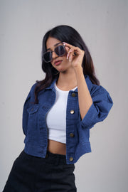 Puff Half-Sleeve Cropped Denim Jacket – Dark Blue