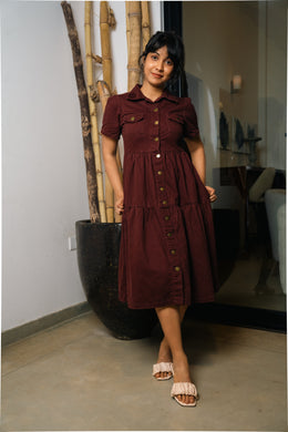 Tiered Midi Shirt Dress – Maroon