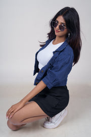 Puff Half-Sleeve Cropped Denim Jacket – Dark Blue