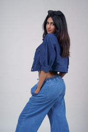 Elastic Waist Drawstring Chambray Wide-Leg Pants