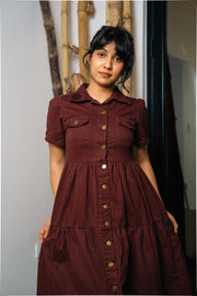 Tiered Midi Shirt Dress – Maroon