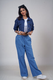 Elastic Waist Drawstring Chambray Wide-Leg Pants
