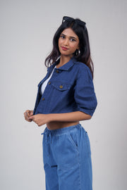 Puff Half-Sleeve Cropped Denim Jacket – Dark Blue