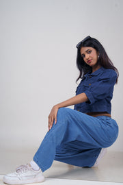 Elastic Waist Drawstring Chambray Wide-Leg Pants