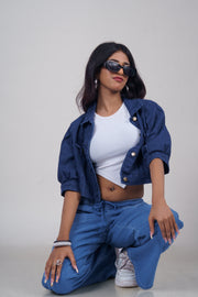 Elastic Waist Drawstring Chambray Wide-Leg Pants