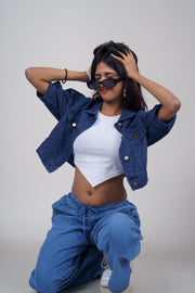 Puff Half-Sleeve Cropped Denim Jacket – Dark Blue