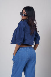 Puff Half-Sleeve Cropped Denim Jacket – Dark Blue