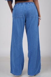 Elastic Waist Drawstring Chambray Wide-Leg Pants
