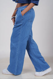 Elastic Waist Drawstring Chambray Wide-Leg Pants