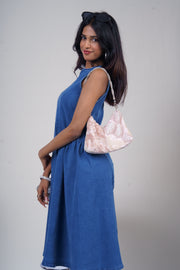 High-Neck Flared Denim Midi Dress
