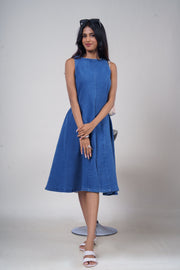 High-Neck Flared Denim Midi Dress