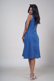 High-Neck Flared Denim Midi Dress