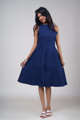 High-Neck Flared Denim Midi Dress – Dark Blue