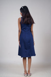 High-Neck Flared Denim Midi Dress – Dark Blue