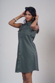Sleeveless Utility Twill Shirt Dress – Olive