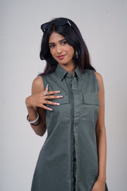 Sleeveless Utility Twill Shirt Dress – Olive