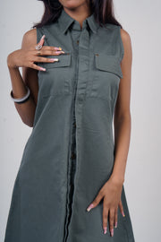 Sleeveless Utility Twill Shirt Dress – Olive