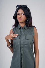 Sleeveless Utility Twill Shirt Dress – Olive