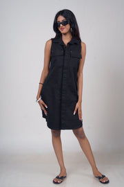 Sleeveless Twill Dress - Black