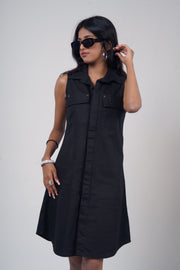 Sleeveless Twill Dress - Black