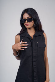 Sleeveless Twill Dress - Black