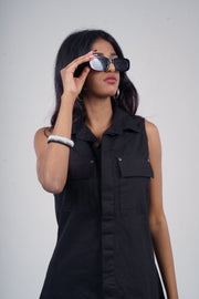 Sleeveless Twill Dress - Black