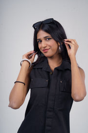 Sleeveless Twill Dress - Black