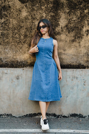 Denim High Neck Dress - Light Blue