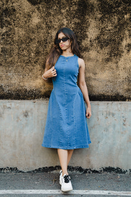 Denim High Neck Dress - Light Blue