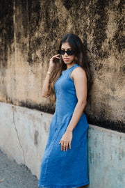 Denim High Neck Dress - Light Blue