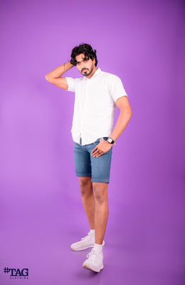 Denim Short with Rolled-Up-Hem - Mid Blue Wash