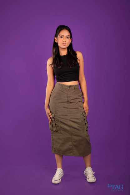 Ladies Long Cargo skirt- Dark Olive
