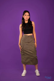 Ladies Long Cargo skirt- Dark Olive
