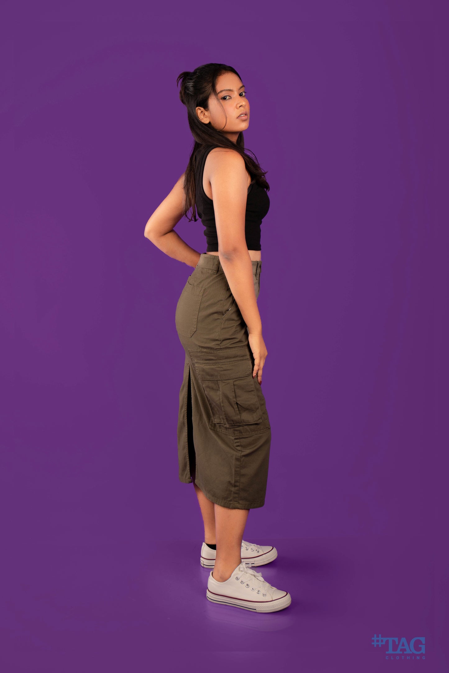 Ladies Long Cargo skirt- Dark Olive