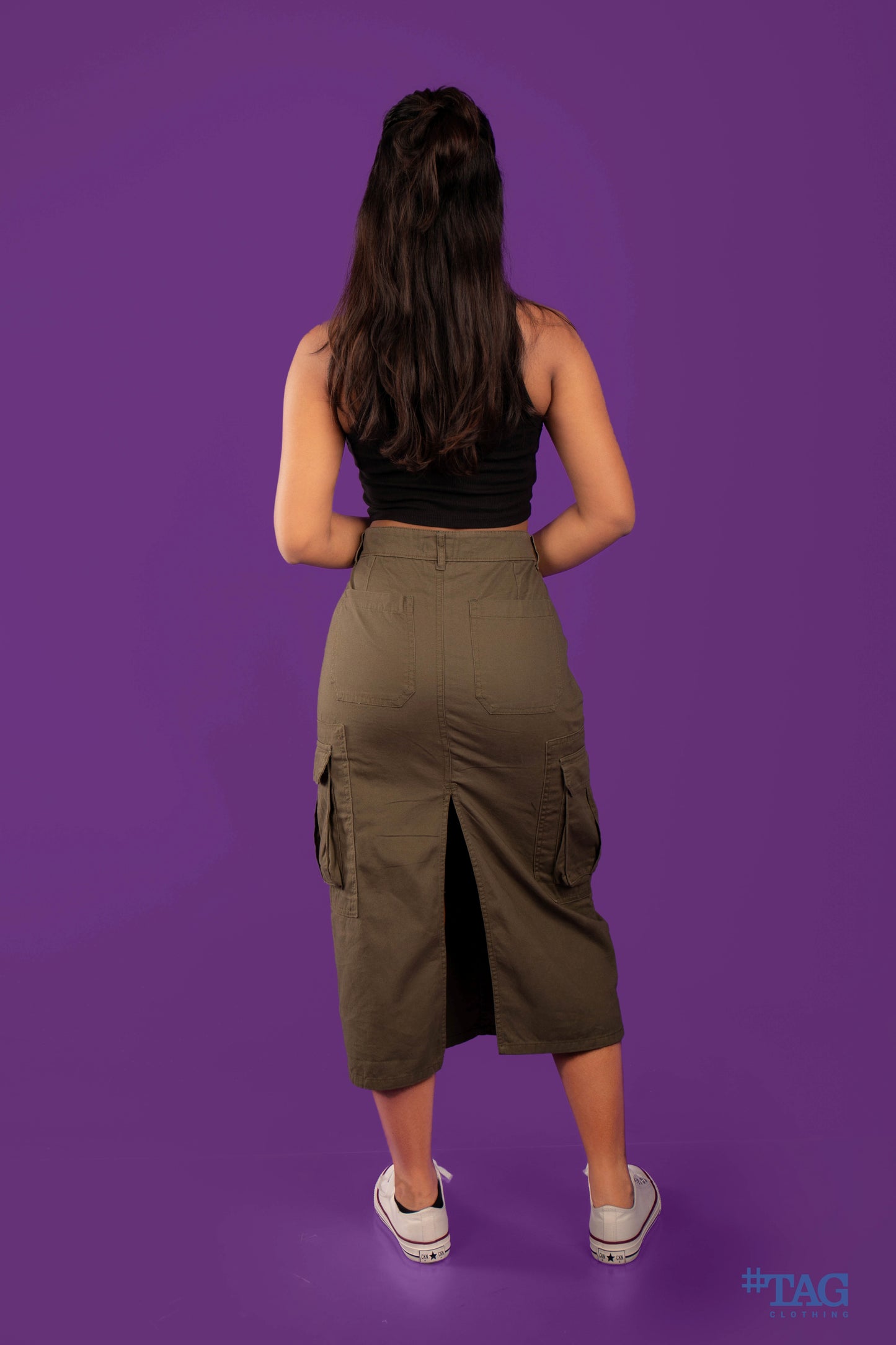 Ladies Long Cargo skirt- Dark Olive