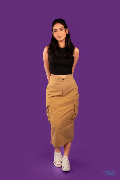 Ladies Long Cargo Skirt - Light Brown