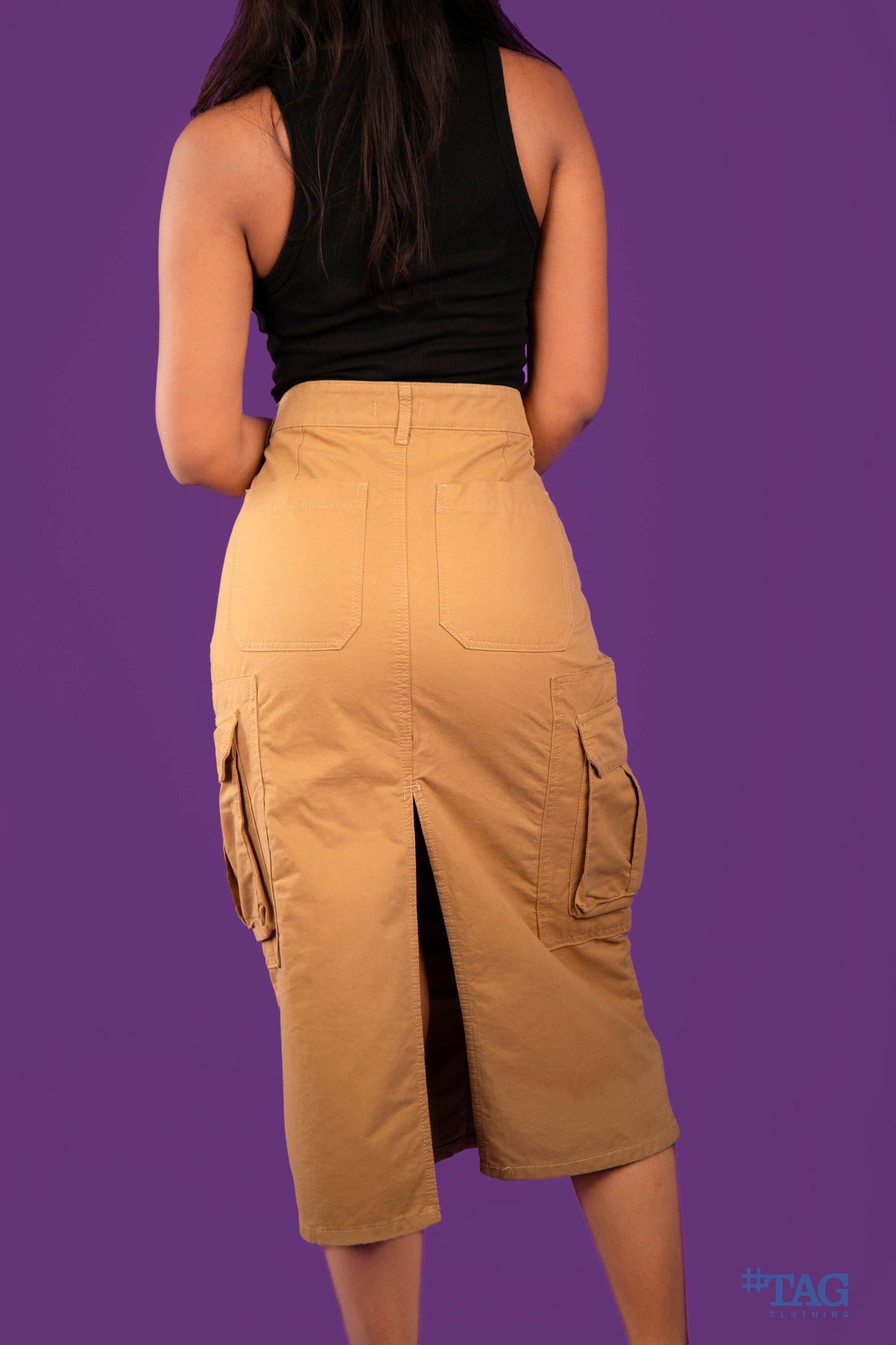 Ladies Long Cargo Skirt - Light Brown