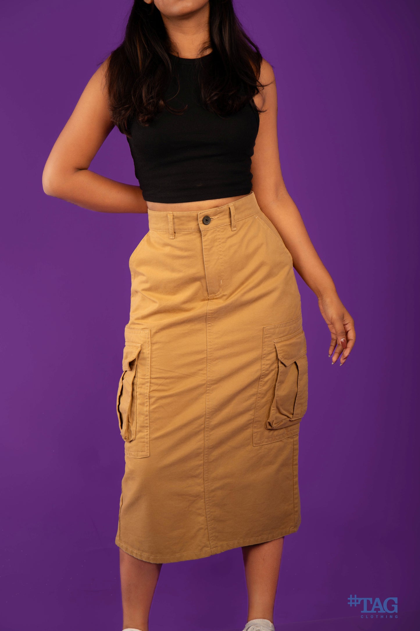 Ladies Long Cargo Skirt - Light Brown