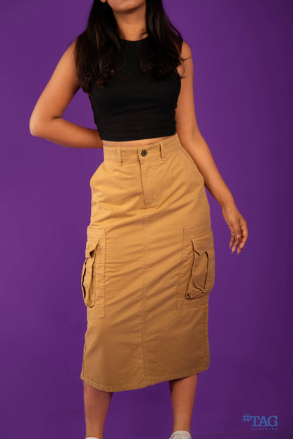 Ladies Long Cargo Skirt - Light Brown