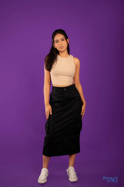 Ladies Long Cargo Skirt - Black
