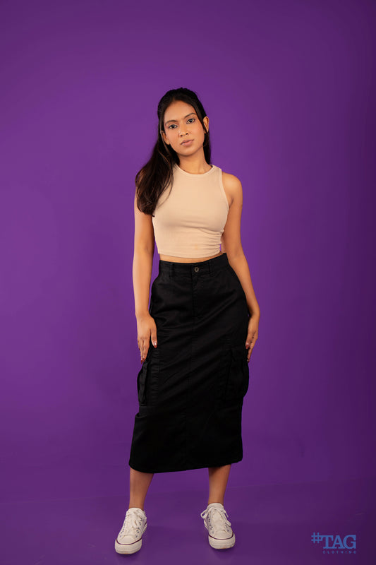 Ladies Long Cargo Skirt - Black