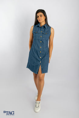 Sleeveless Button Down Denim Mini Dress - Dark Blue Wash