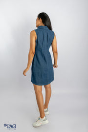 Sleeveless Button Down Denim Mini Dress - Dark Blue Wash